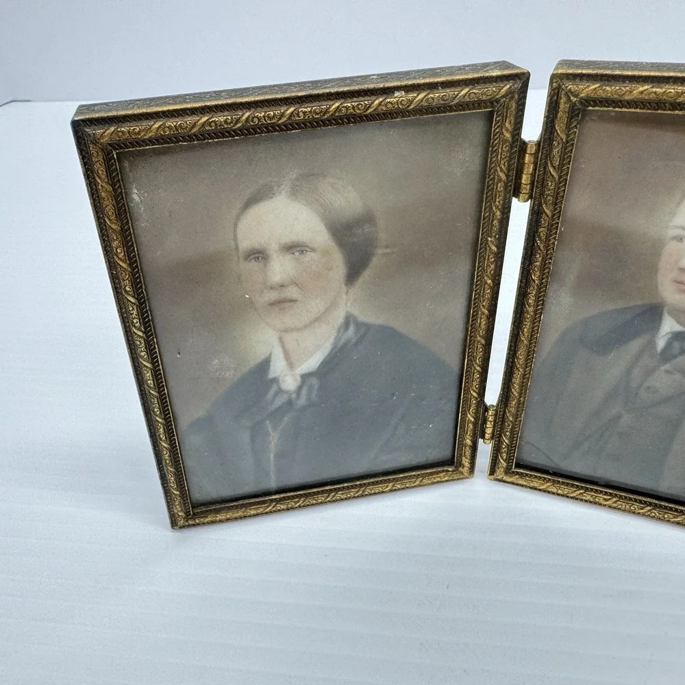 Pair of Antique Husband & Wife Color Portrait Miniatures Hinged Brass Frame